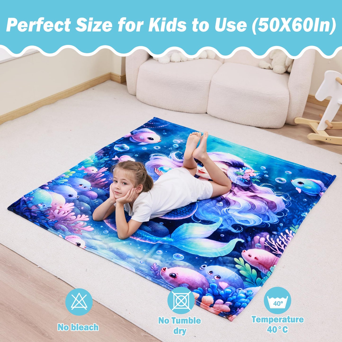 Softan Kids Throw Blanket for Girls & Boys, Warm Soft Toddler Fleece Blankets for Sofa Couch Bed， Cozy Fuzzy Plush Flannel Kids Throw Blanket for Daycare & School - 50x60In Blue Mermaid