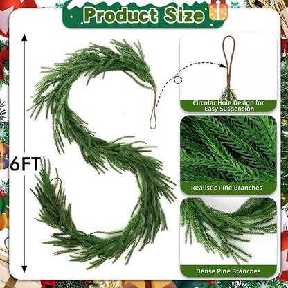12 FT (2 * 6FT) Norfolk Pine Garland Artificial, Realistic Christmas Greenery for Mantle Table Wall, Real Touch Winter Pine Garland for Christmas Indoor Outdoor Decor (80 Branches)