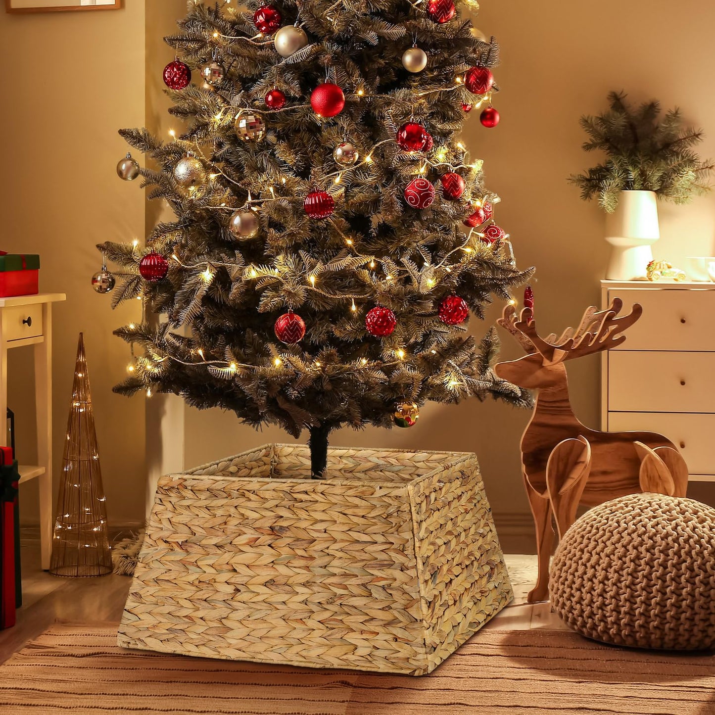 Suncalla 22 Inch Christmas Tree Collar Water Hyacinth Woven Farmhouse Square Base Cover Christmas Tree Basket for Xmas Holiday Decorations(Natural)