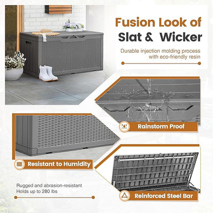 Greesum 100 Gallon Resin Patio Storage Box for Garden Tools, Outdoor Furniture Cushions, Pool Supplies, Gray