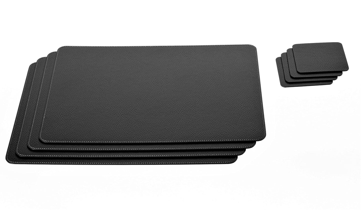 Nikalaz Set of Black Placemats and Coasters, 4 Table Mats and 4 Coasters, Recycled Leather, 18'' x 13''