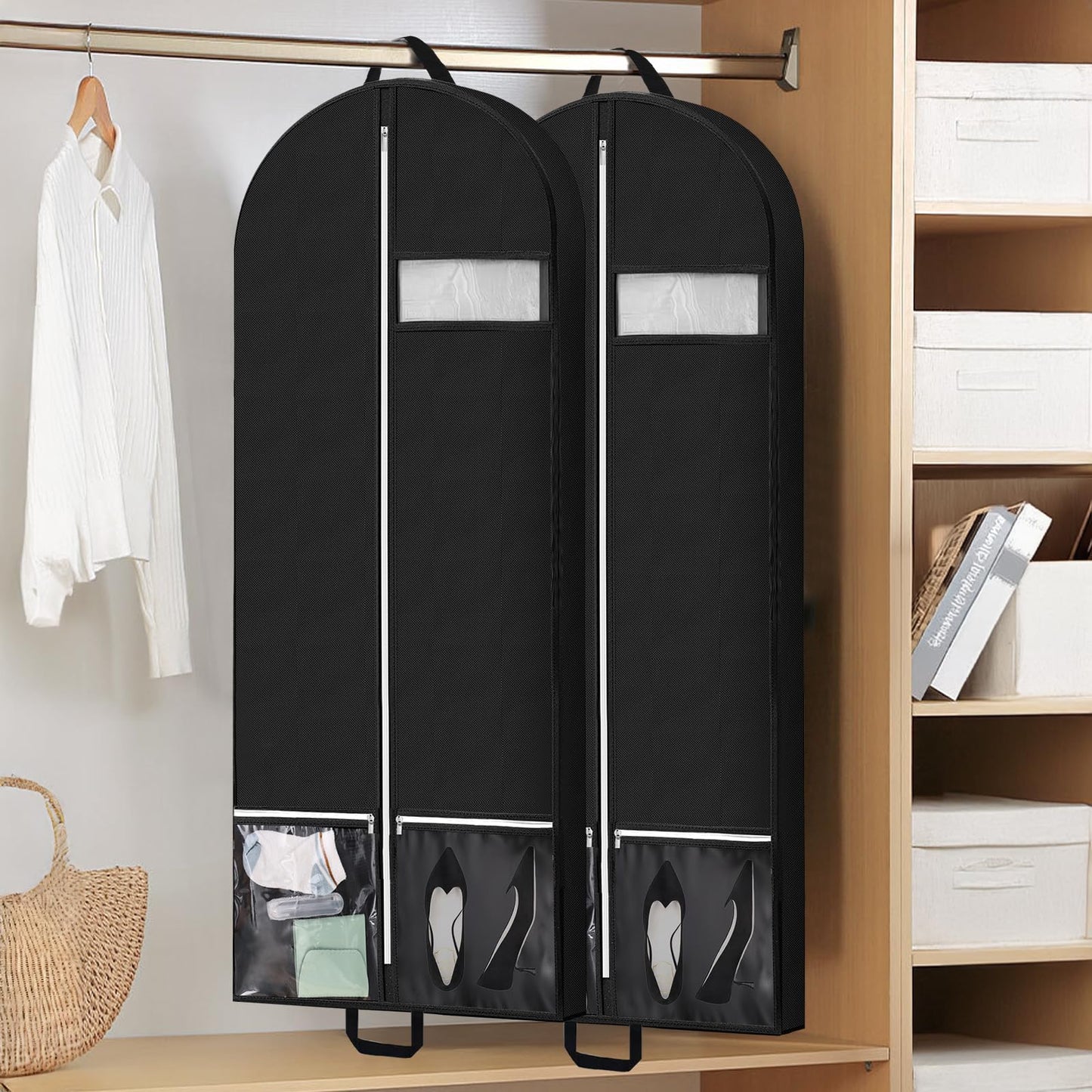 54" Garment Bags for Travel and Storage, Travel Suit Bags for Men Women with 2 Clear Pockets, Storage bags for Clothes, Suits, Dress, Shirts, Coats 2pcs Black