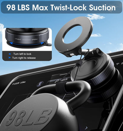 2026 Upgraded Vacuum Magnetic Car Phone Holder 360° Reinforced 96LBS Ultra Suction Cup Phone Mount for MagSafe Cell Phone Holders for Your Car/Gym/Mirror Mount for iPhone & Android