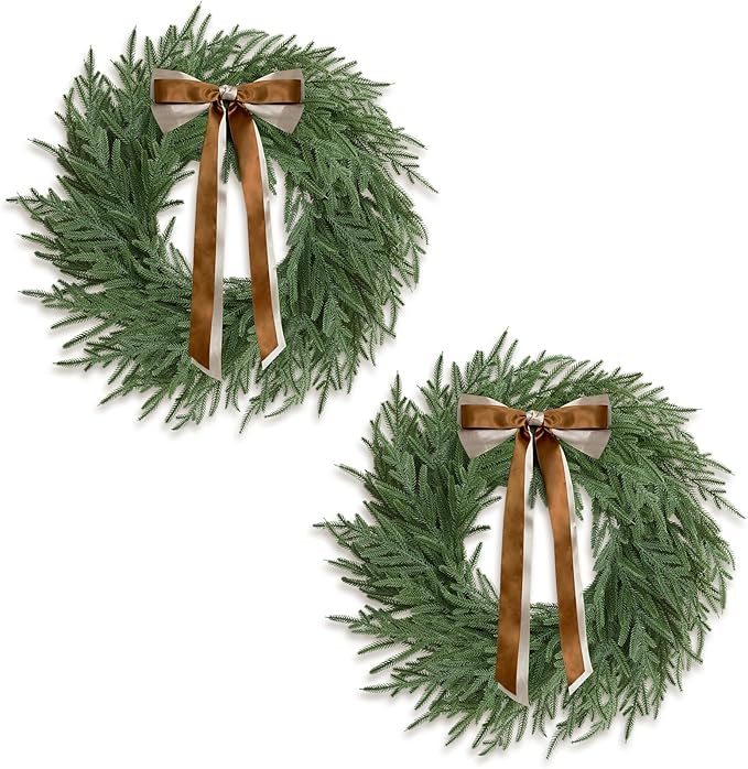 Christmas Decorations - 2 Pcs 24 Inch Christmas Wreath, Norfolk Pine Wreath, Christmas Wreaths for Front Door, Christmas Door Wreath with Bow for Outdoor Indoor with Ribbon for Home Table Wall