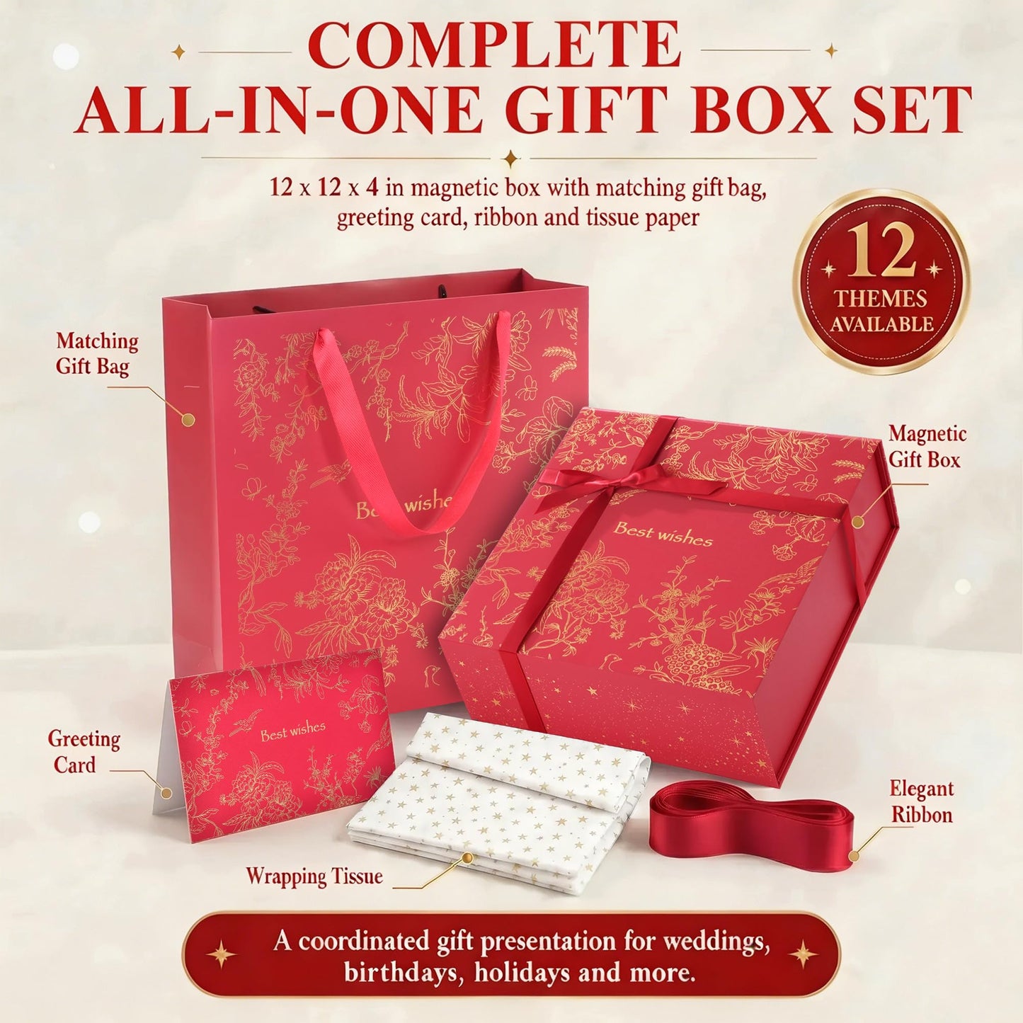 Amalee Luxury Gift Box, Large Deep Red 12”x12”x4” with Strong Magnetic Lid, Elegant Glue-Free Assembly, Includes Ribbon & Card for Wedding, Birthday, Christmas Gift Packaging