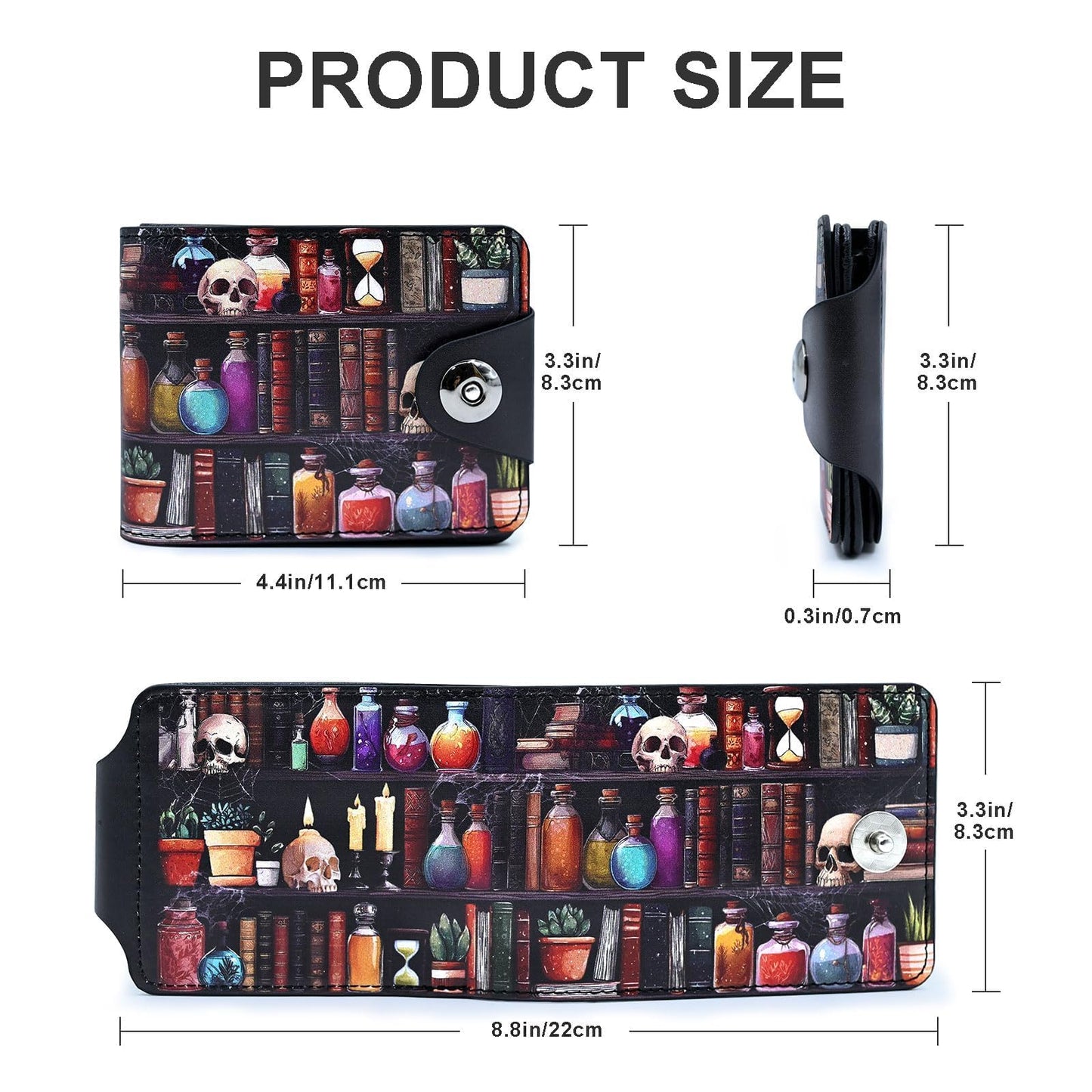 Tezmd Bookshelves Skull Small Wallet Leather Slim Bifold Credit Wallets RFID Blocking Card Holder Zipper Coin Pocket Cash Purse with ID Window