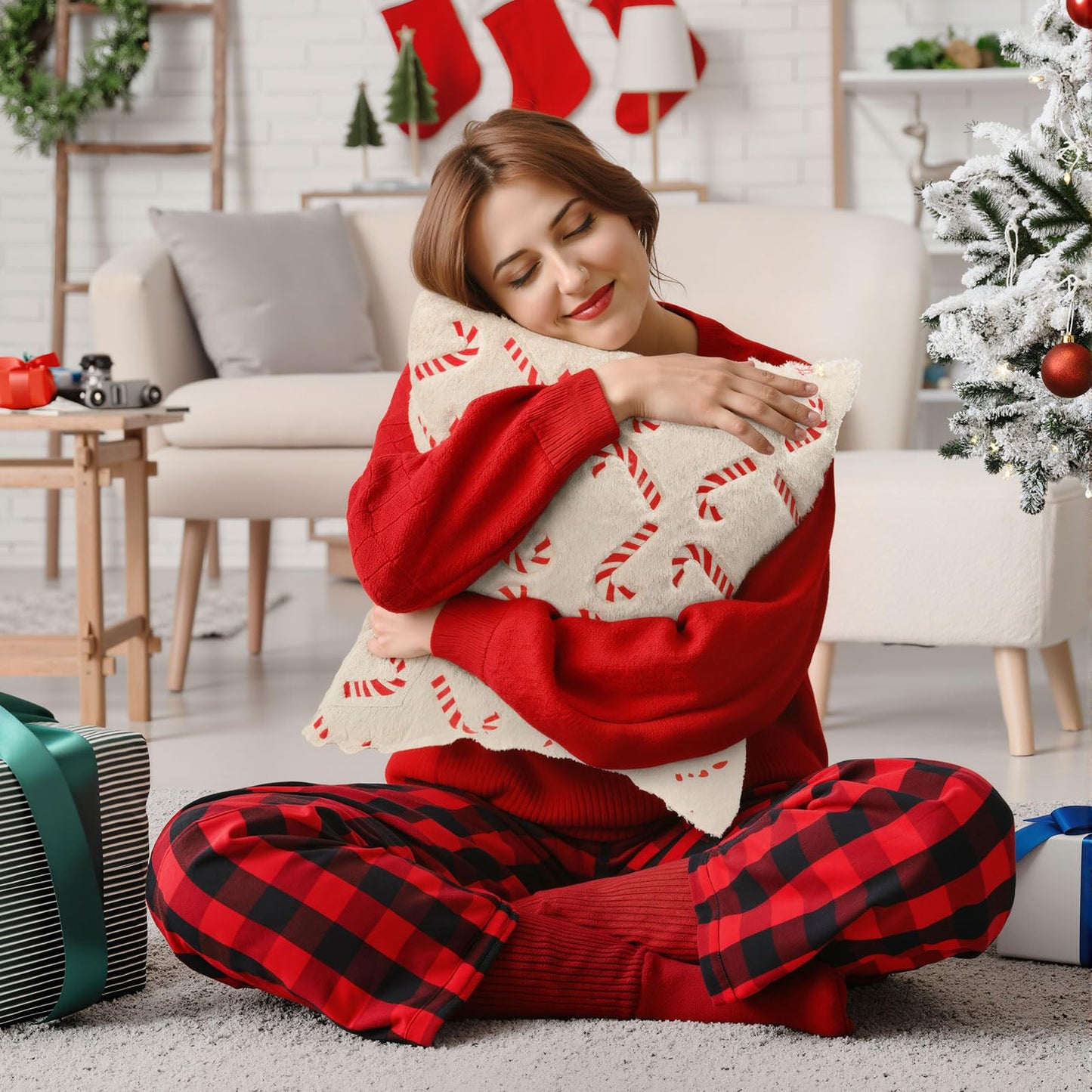 Tranqun 4 Pcs Christmas Candy Cane Throw Pillow Covers 20x20 Inch Xmas Red Candy Embroidery Pillowcases Fluffy Christmas Cane Decorative Cover for Winter Holiday Farmhouse Living Room Sofa Car Decor