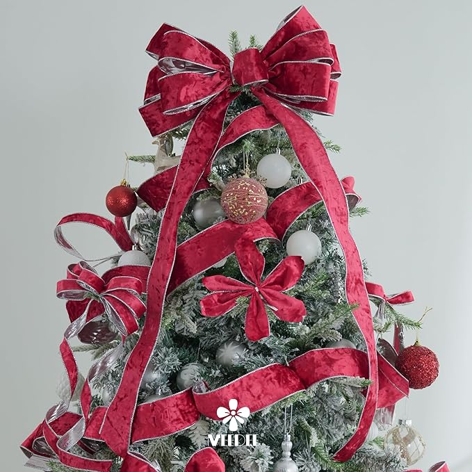 MEEDEE 2.5 inch Red and Silver Velvet Wired Ribbon 10 Yards Two Tone Velvet Christmas Ribbon for Christmas Tree, Garlands, Gift Wrapping, Wreaths, Bow Supply, Holiday Home Decor