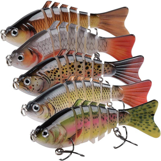 Fishing Lures for Bass Trout Walleye, 5pcs Segmented Multi Jointed Swimbaits Fish-Slow Sinking Bionic Hard Bait Swimming Fishing Lures with Treble Hooks Artificial Lures for Freshwater Saltwater