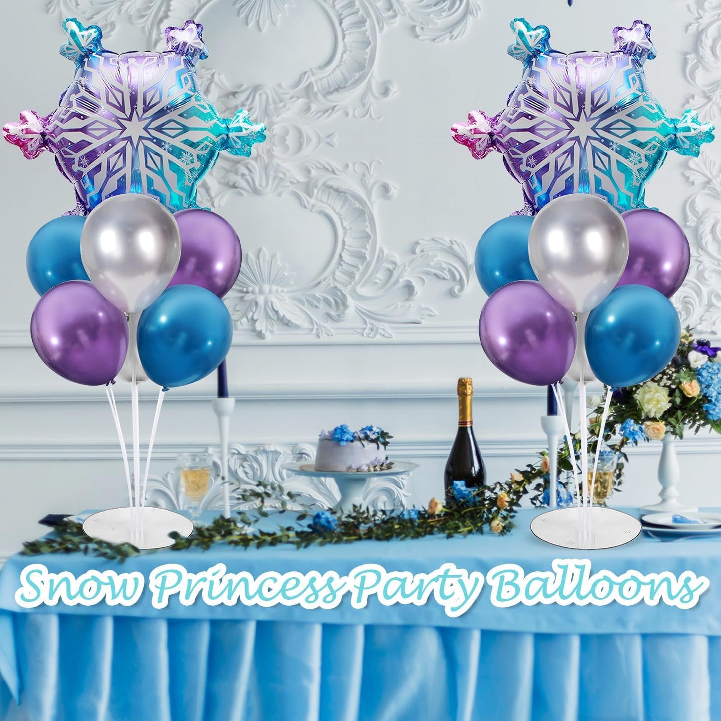 Snow Birthday Party Balloons Stand Kit 2 Sets With Snowflake Foil Balloons for Winter Wonderland Girl Princess Birthday Party Themed Decorations - Balloon Centerpiece for Tables