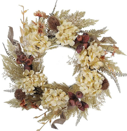 20 Inch Winter Fall Wreaths for Front Door, Boho Front Door Wreath, Fake Dried Hydrangea Flowers, Burlap, Pampas Fall Decorations for Home Farmhouse Front Porch