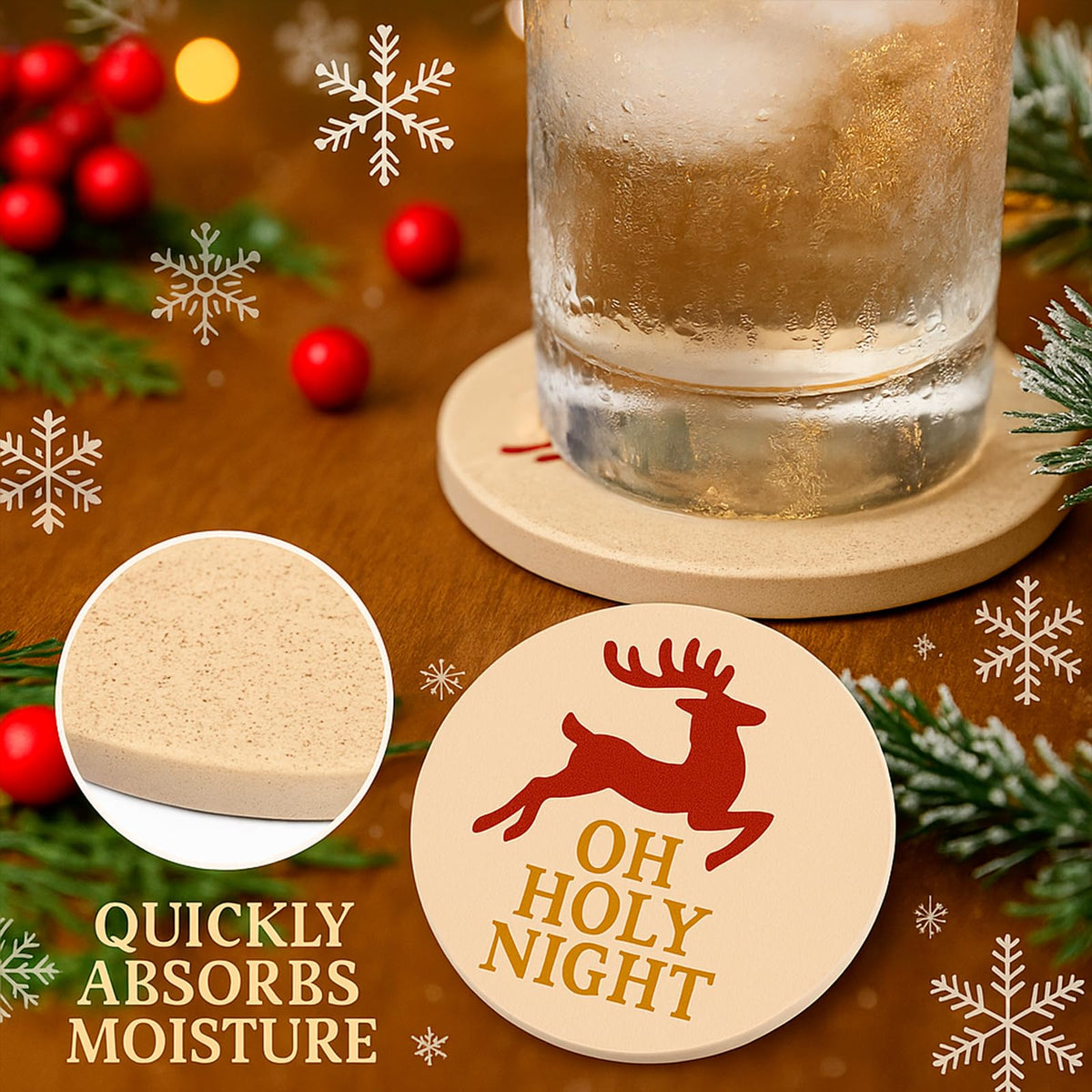 Christmas Ceramic Coasters Set of 4,“Oh Holy Night” Reindeer Absorbent Stone Drink Coasters with Non-Slip Cork Backing for Coffee Table, Holiday Party, Winter Home & Kitchen Decor