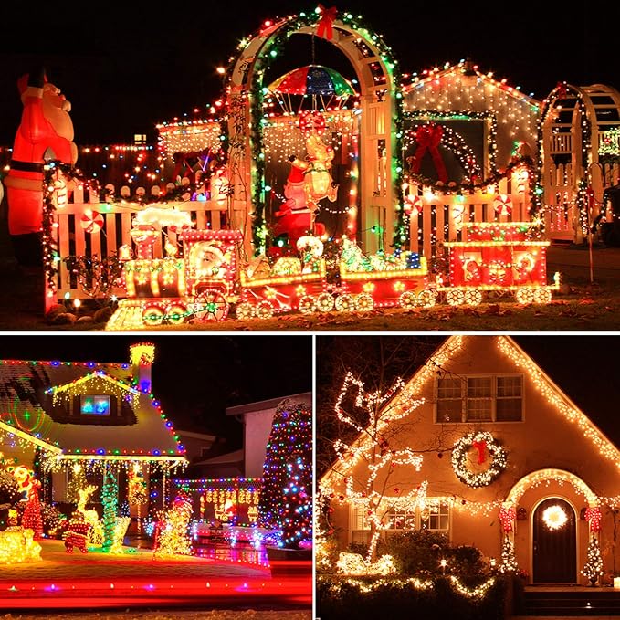 XTF2015 Christmas Outdoor Indoor Lights, 105ft 300 LED End to End Connected 9 Modes Timer Remote Christmas String Lights for Trees, Patio, Garden, Party, Wedding, Holiday (Warm White + Multicolor)