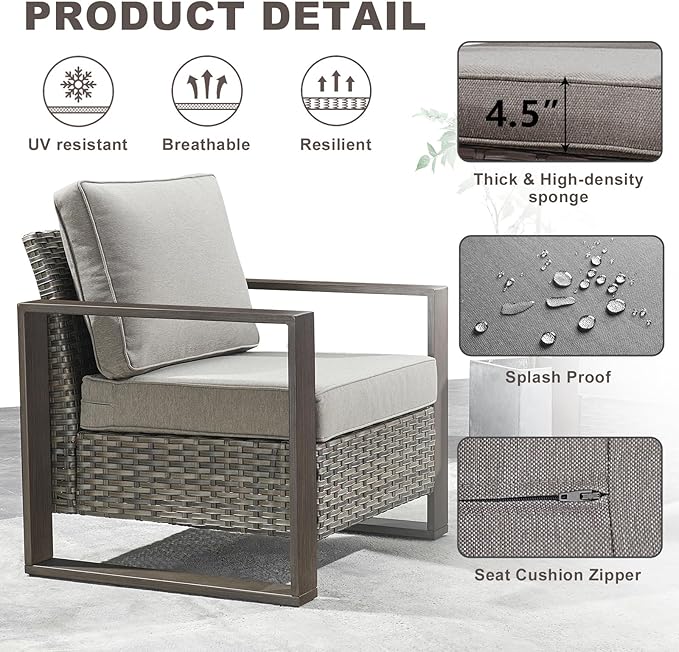 Rilyson Outdoor Wicker Patio Furniture Set - 5 Piece Patio Conversation Set with 2 Wicker Armrest Chairs,2 Rattan Ottoman, 1 Side Table, Sturdy Frame, Thick Cushions, Deep Seating(Mixed Grey/Grey)