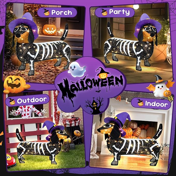 Pre-lit 25.5 Inches Long Halloween Skeleton Dachshund Dog with Witch Hats with Twinkle Lights Indoor Outdoor Decorations Halloween Decorations Lights for Home Garden Party Yard Decor Black