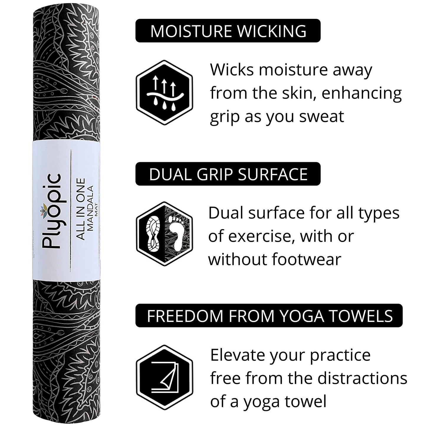 Plyopic. All In One Yoga Mat | Luxury Sweat-Grip Mat/Towel Combo | Ideal for Yoga, Hot Yoga, Bikram, Pilates, Workout & Exercise | Eco-Friendly Natural Rubber