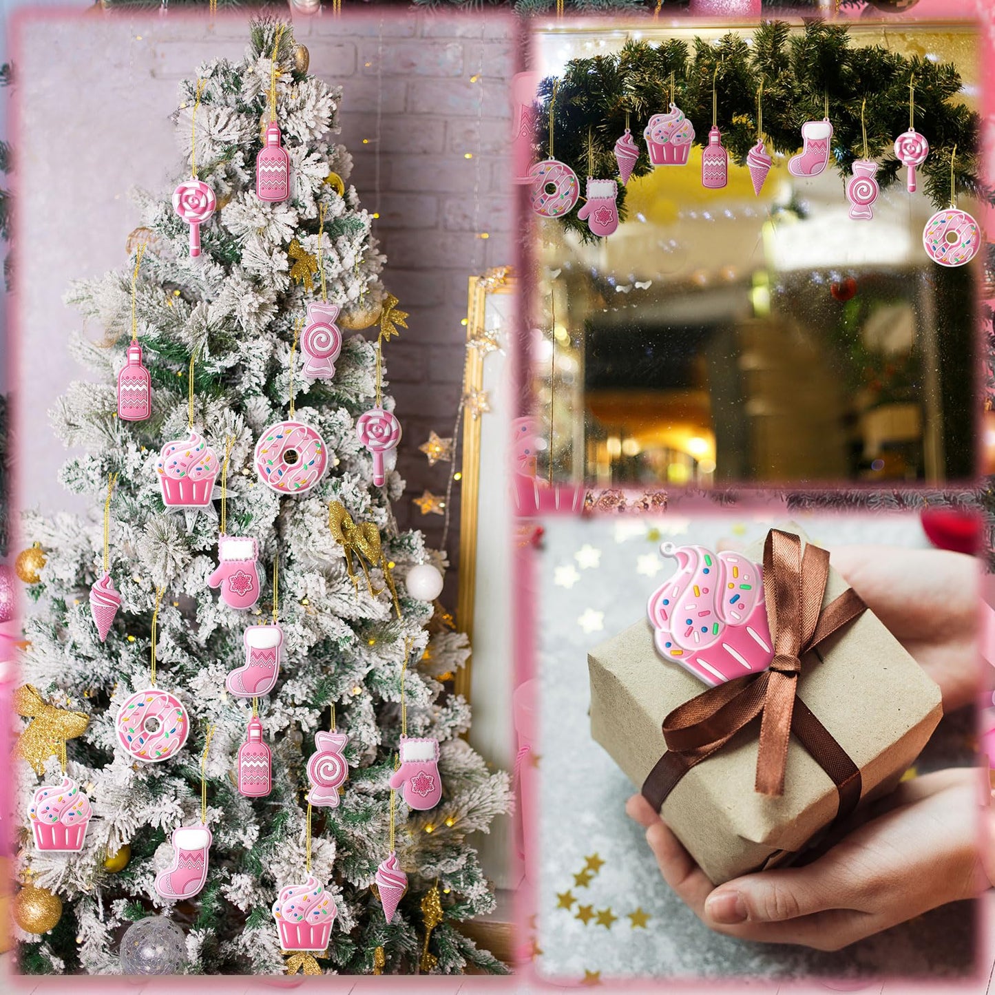 Panelee 48 Pcs Christmas Candy Tree Ornaments PVC Pink Christmas Candy Cane Lollipop Ornament Xmas Hanging Decors Birthday Party Decoration Crafts for Xmas Tree Party