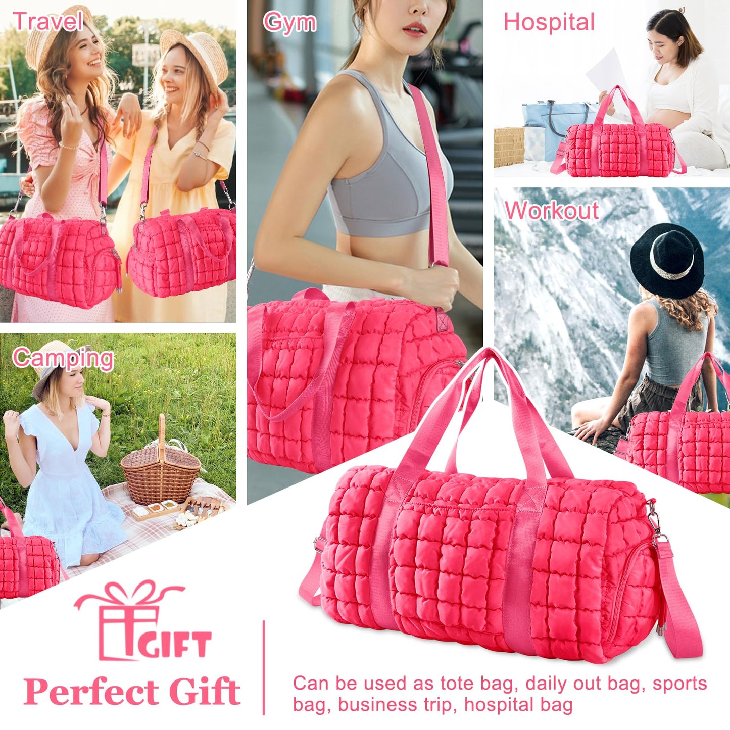 Quilted Travel Duffle Bag Gym Bag for Women,Large Puffer Duffle Weekender Bag with Compartment,Workout Overnight Carry on Organizer Bag Duffle Bag for Airplane Travel(Rosered)
