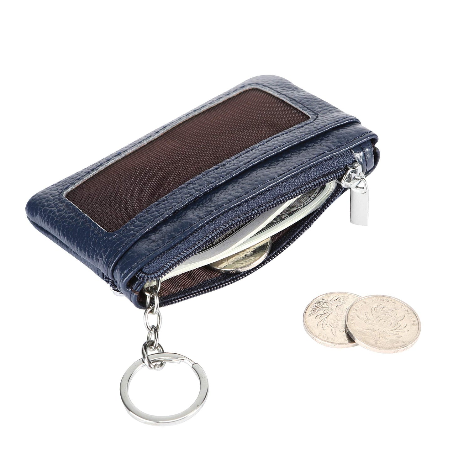 Women Genuine Leather Keychain Zipper Change Wallet Small Mini Pocket Size Coin Purse, Navy