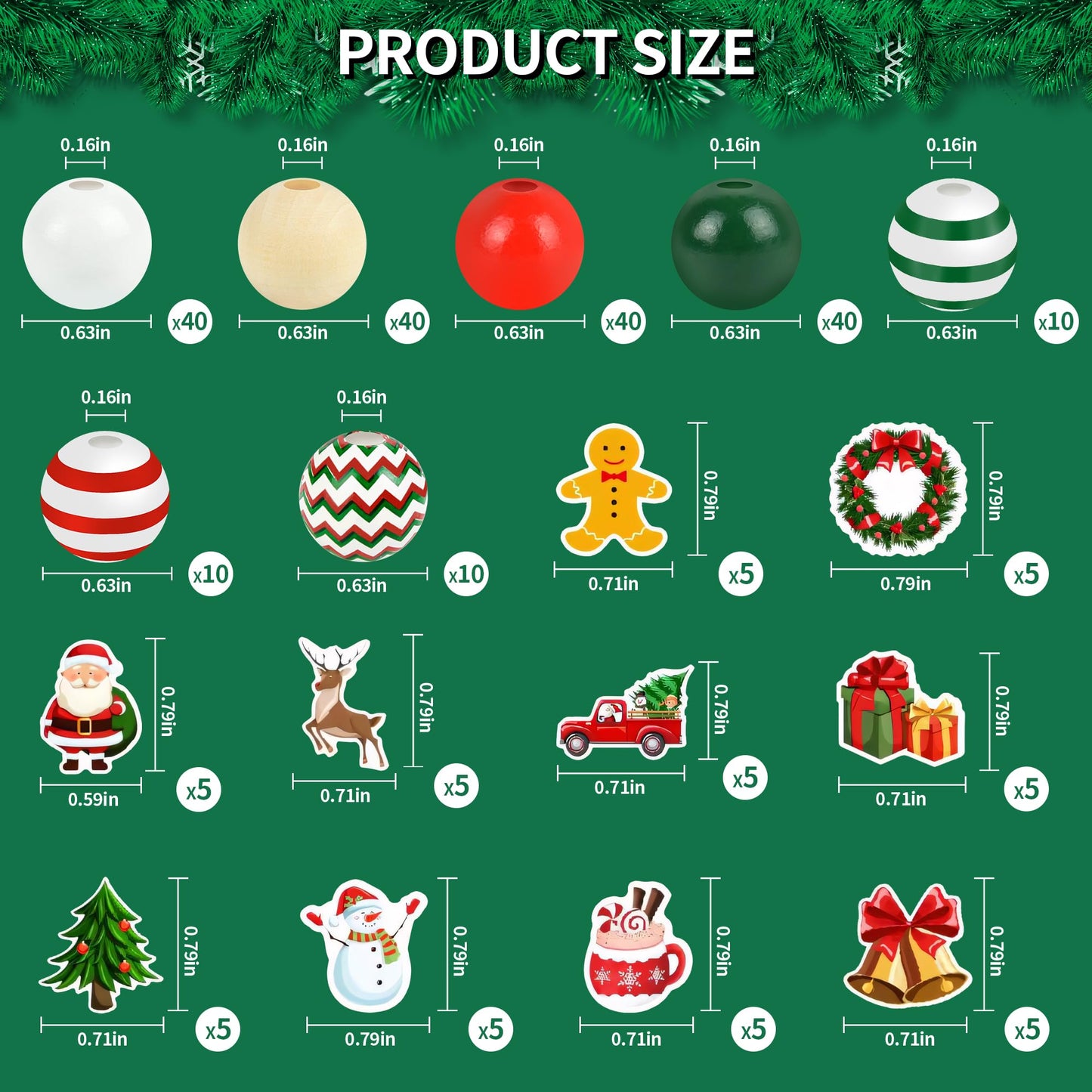 240 Pieces Christmas Wooden Beads Red Green Wood Beads Snowman Gingerbread Santa Deer Craft Bead with Hole for Winter Holiday Garland Making Xmas Home Tree Hanging Decoration