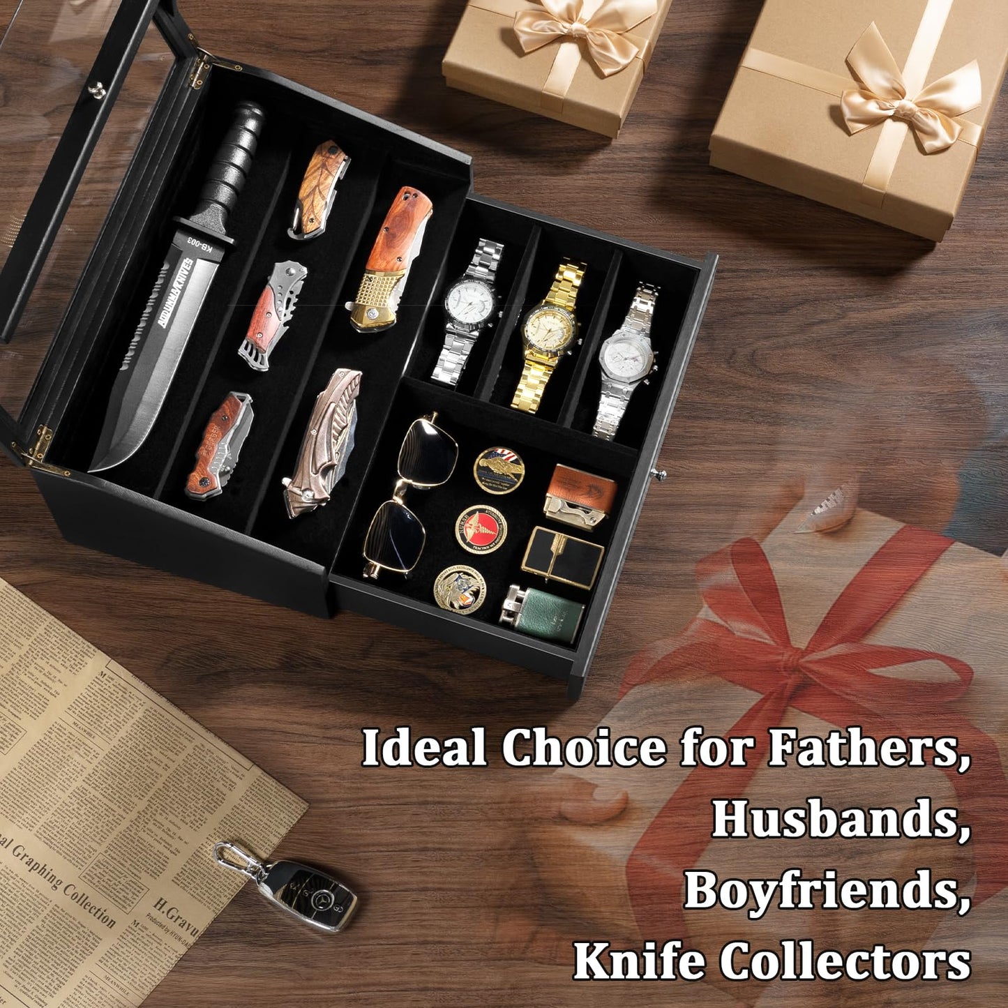 Emfogo Pocket Knife Display Case, Large Knife Collection Box for Folding Knives & EDC Gear, Solid Wood Knife Organizer with Transparent Lid & Drawer, Collector-Grade Gift for Men (Black)