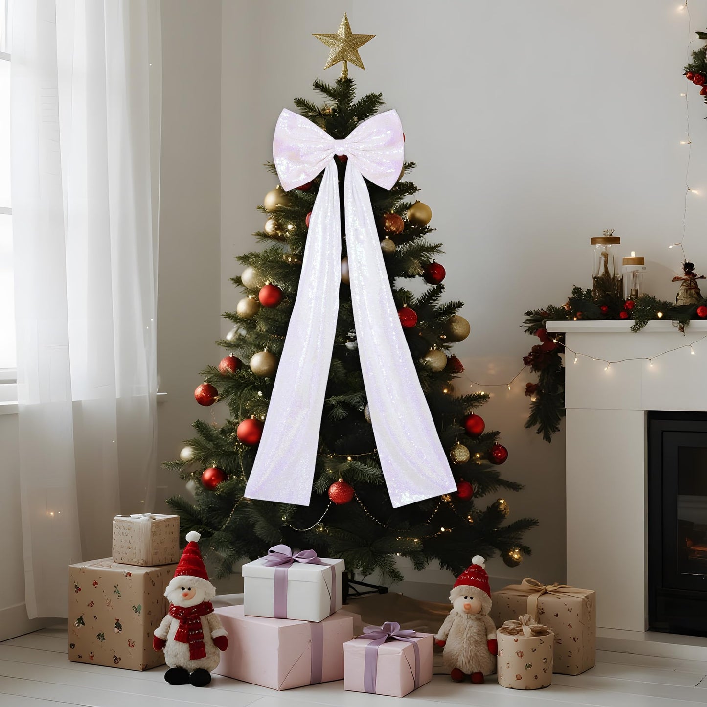 PartyDelight Large Christmas Tree Topper Bow White Iridescent Sequin 16x47 Inchs Big Decorations Bow for Window Wall Home Room Party Xmas Decoration