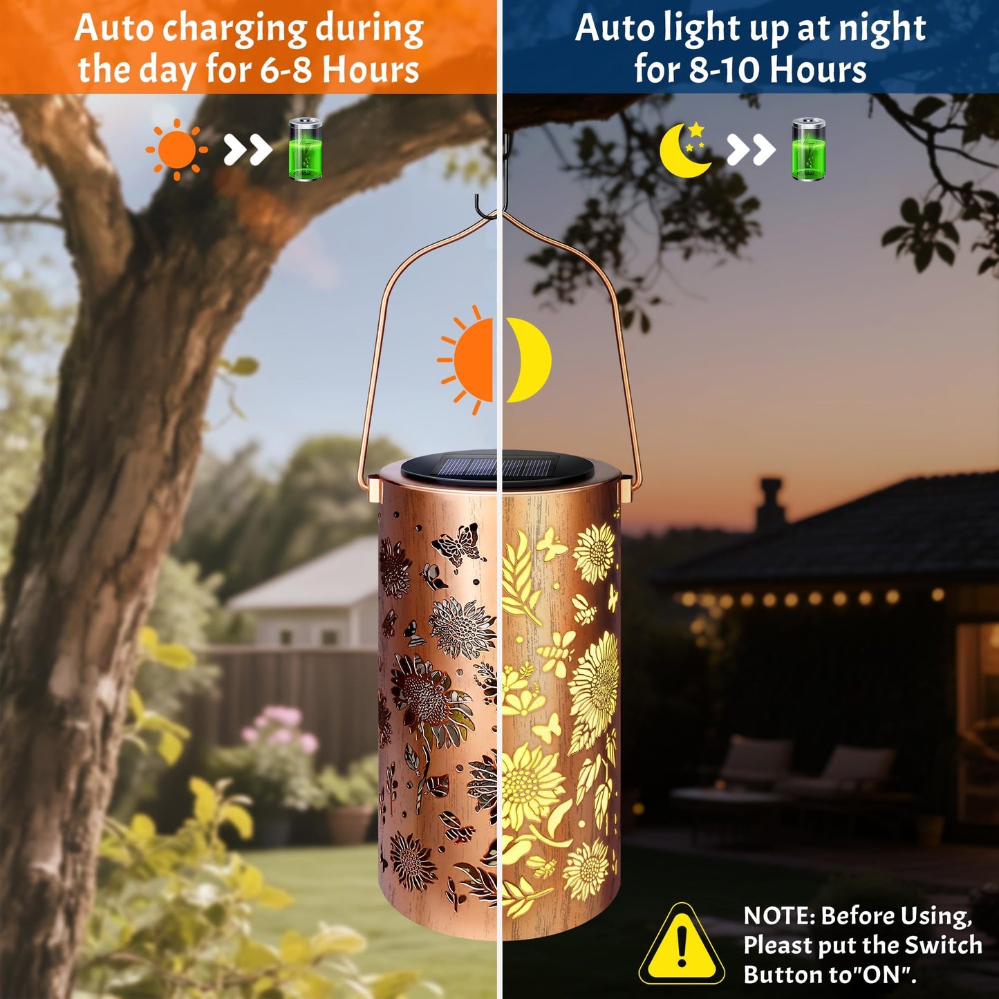 Sunflower Solar Lanterns Outdoor Waterproof, Metal Hanging Solar Garden Light, Decorative Sunflower Shadow Lanterns for Patio Porch Yard, Birthday Gifts for Women Mom Grandma
