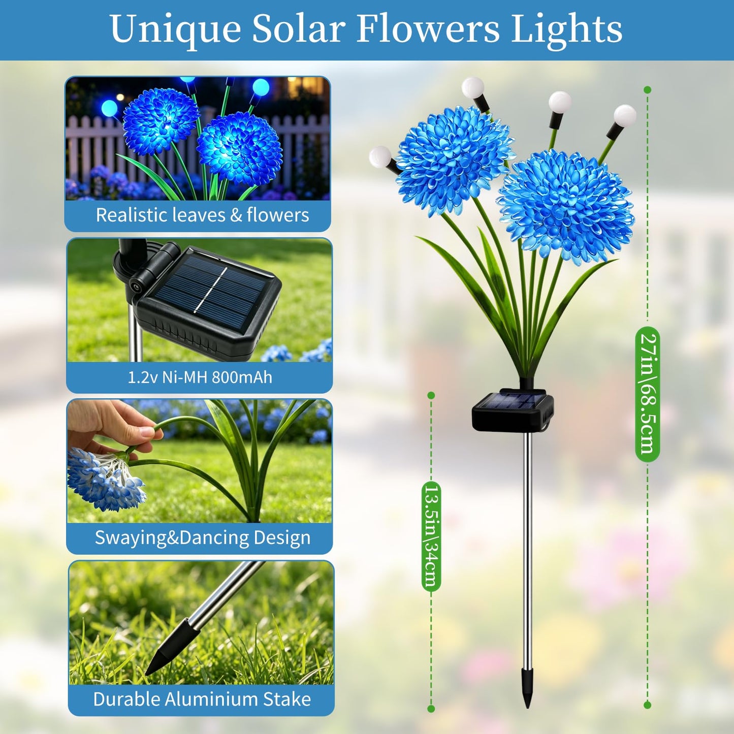 Solar Firefly Lights Outdoor Waterproof, 4 Pack Blue Solar Flowers Swaying Lights With Flowers, Flower Light Garden Decor for Outside Yard Patio Halloween Christmas, Gifts for Women Grandma