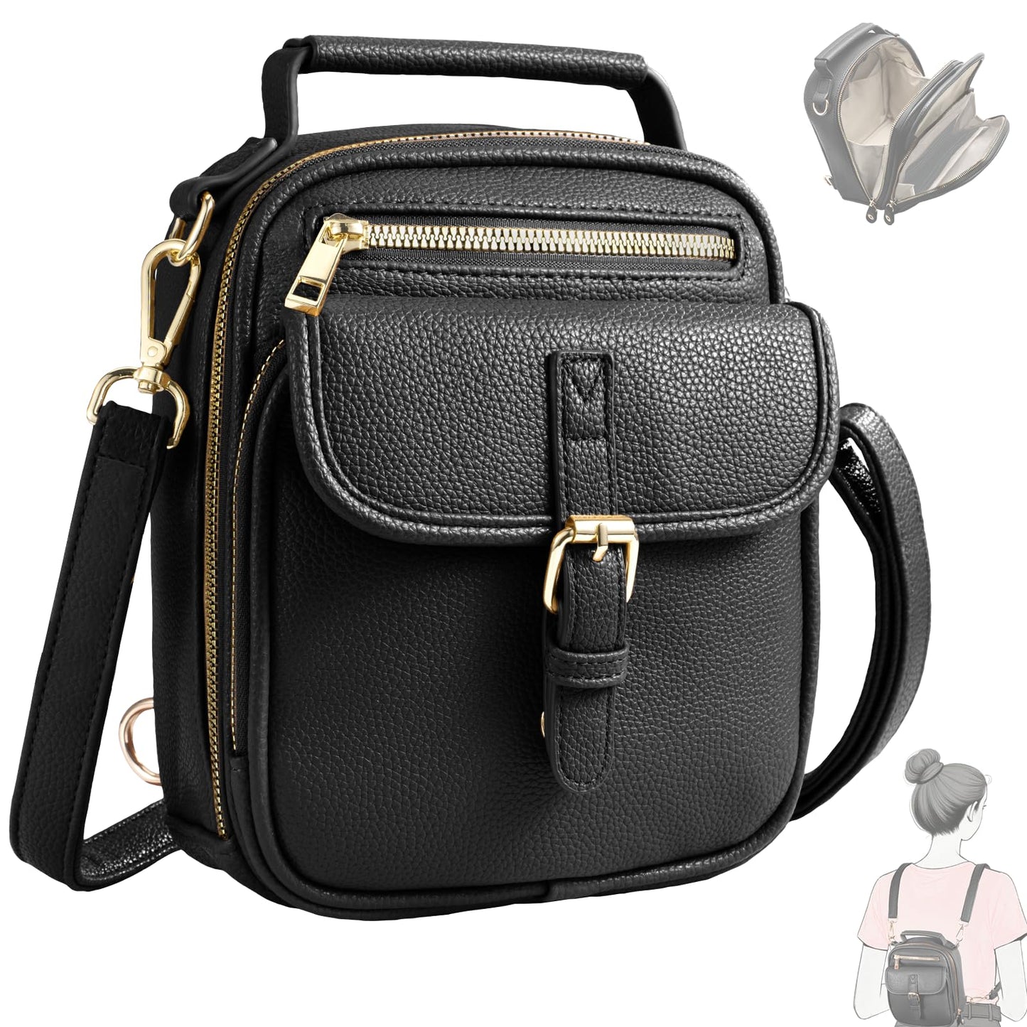 crawing Vegan Leather Crossbody Bag for Women with 2 Straps, Small Messenger Bag with Wallet, Anti Theft Shoulder Bag (Black)