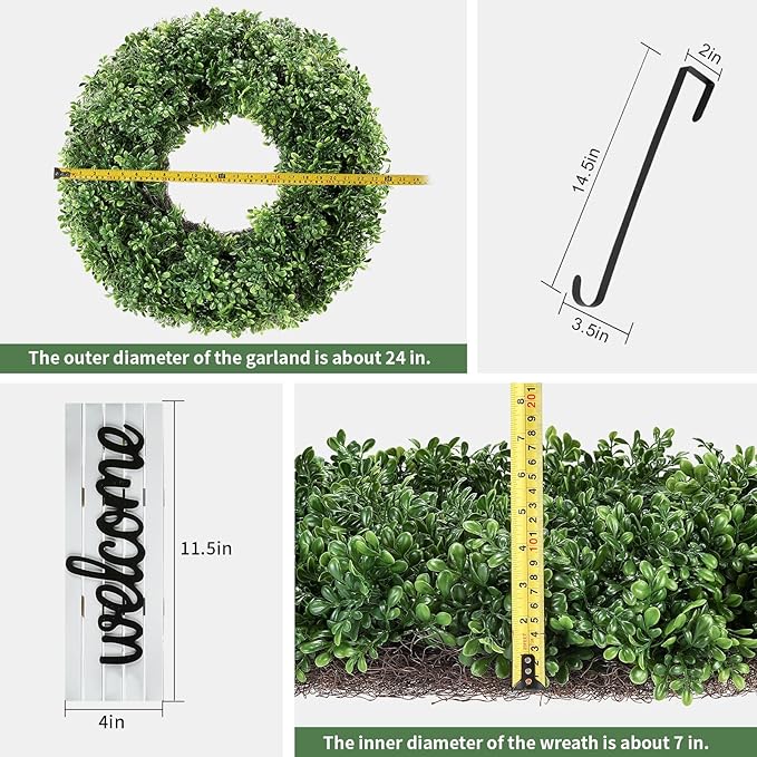 24" Wreath, Artificial Boxwood Wreaths for Front Door, Spring and Summer Wreath, Used for Spring Home Decor,Farmhouse or Room Indoors,Outdoors, corridors, Offices (Green)