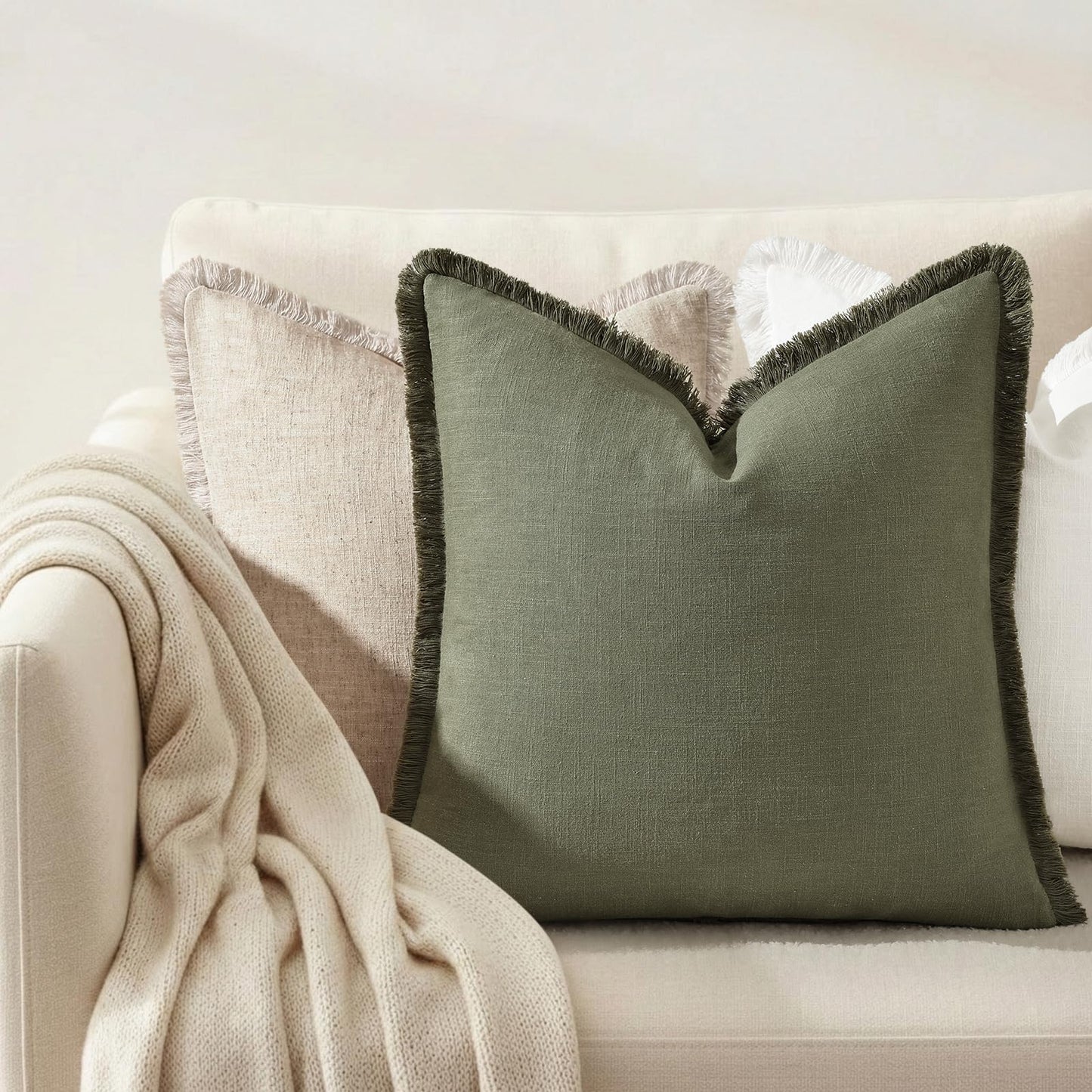decorUhome Summer Decorative Neutral Linen Fringe Throw Pillow Covers Set of 2 Olive Green Pillow Covers with Tassels Soft Farmhouse Boho Accent Pillow Cases for Couch Bed Sofa 18x18 Inch