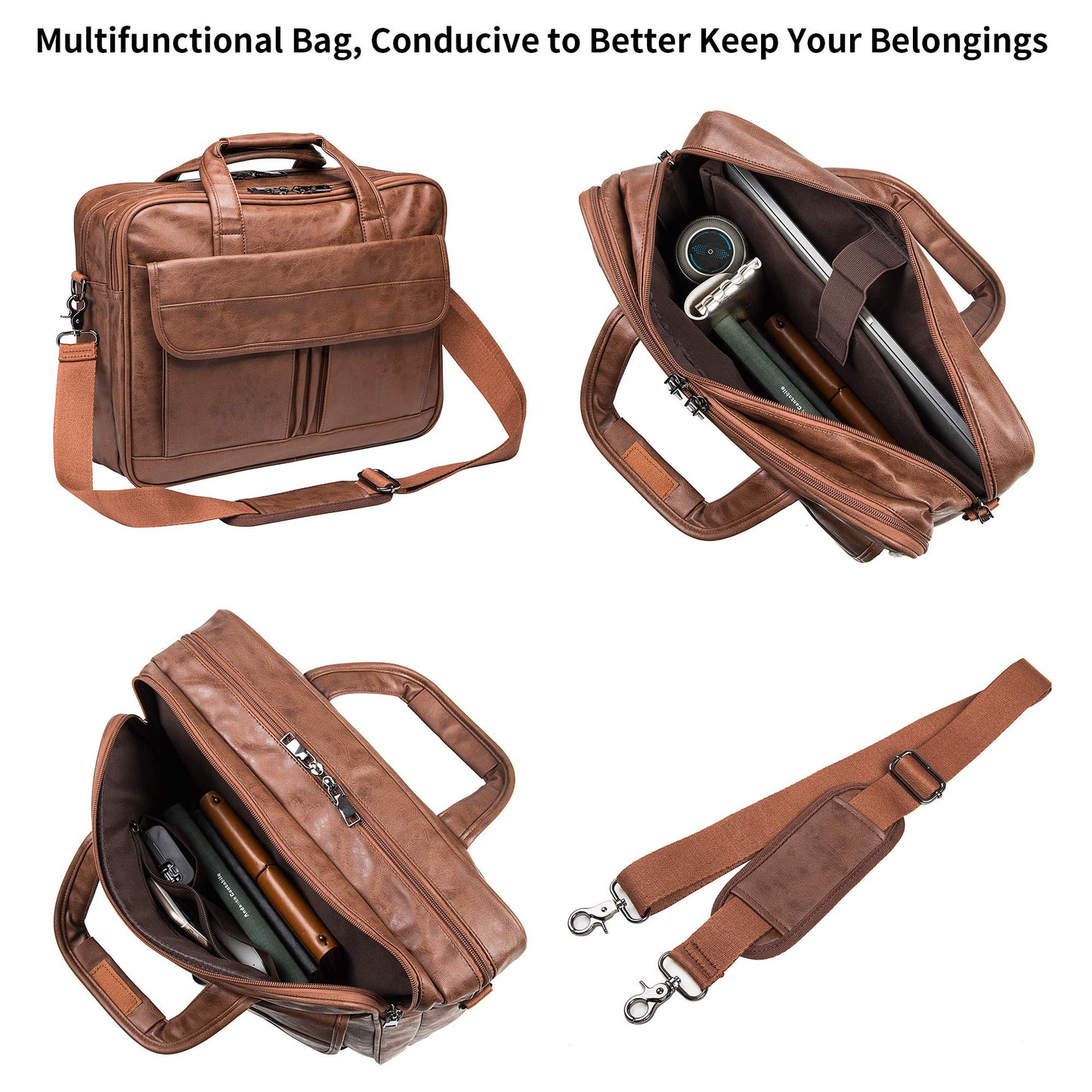 seyfocnia Mens Laptop Bag,17.3 Inch PU Leather Messenger Bag Water Resistant Business Travel Briefcase, Work Computer Bag Satchel Bag Husband（Brown）