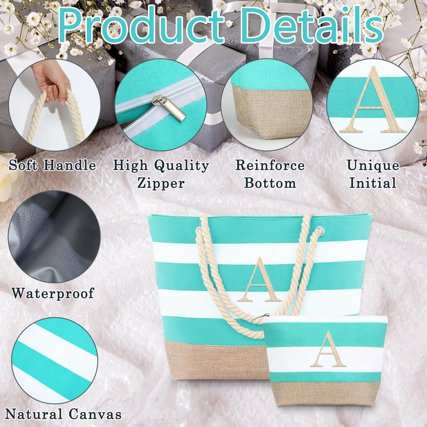 YOOLIFE Gifts for Women - Mothers Day Gifts, Birthday Gift for Women Teacher Bridesmaid Daughter Friend Personalized Beach Bag Initial Beach Tote & Cosmetic Bag J