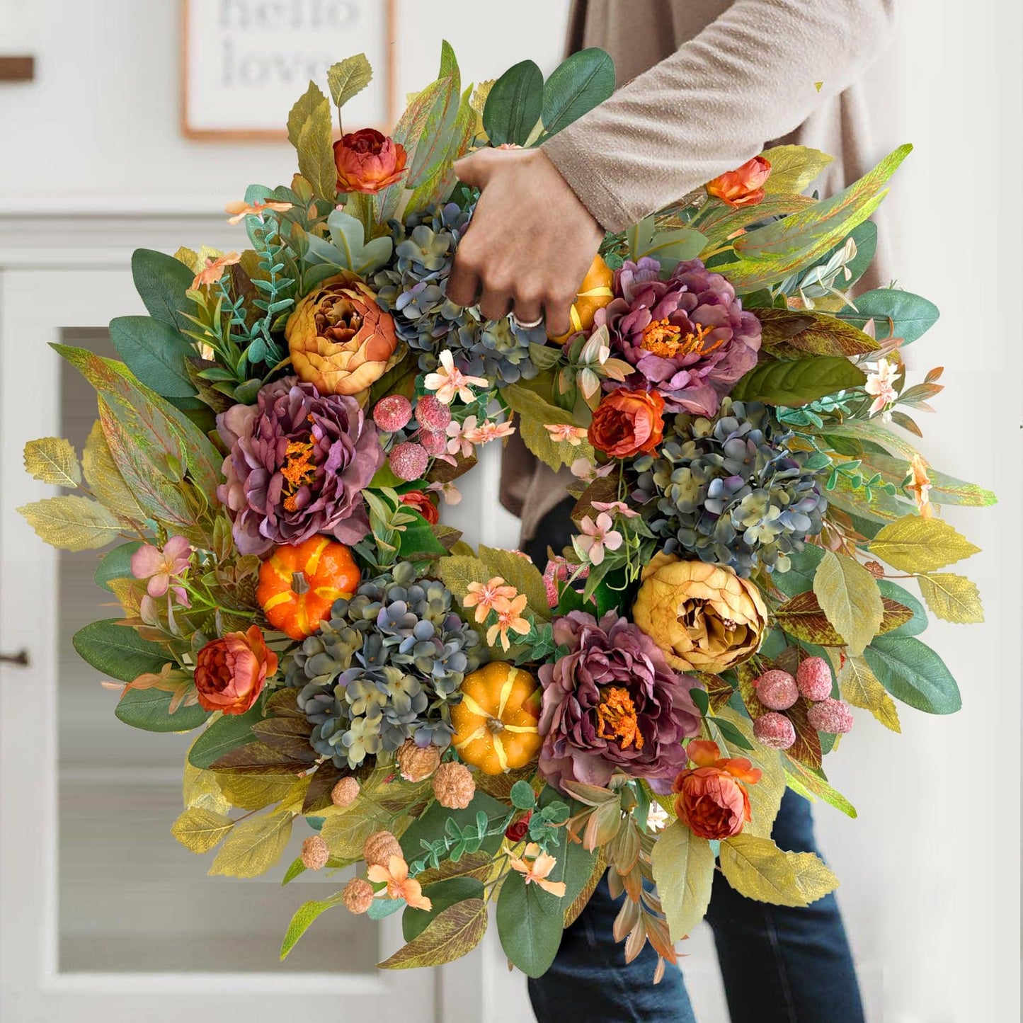 WANNA-CUL 24in Fall Front Door Wreath,Hydrangea Peony Pumpkin Harvest Decor