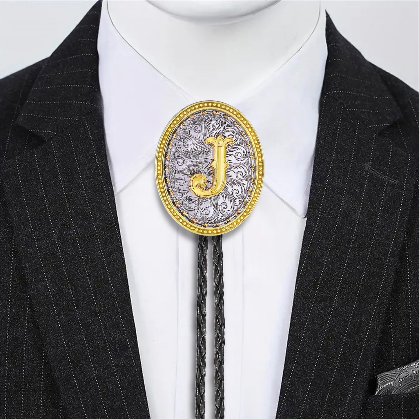 GelConnie Gold Bolo Tie Cowboy Necklace for Men Leather Rodeo Necktie Initial Letter ABCDMJR to Z Western Bolo Tie Texas Style Jewelry