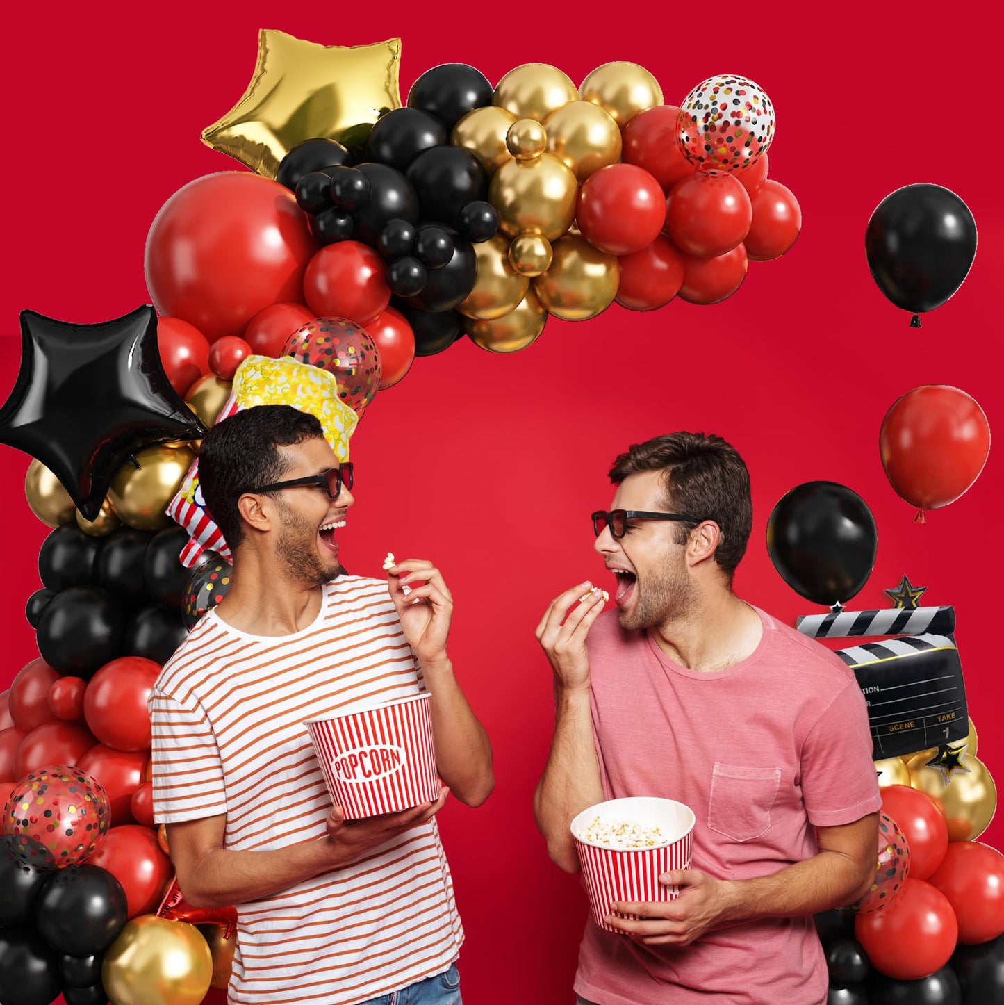 Movie Night Balloon Garland Arch Kit, Red Black Gold Confetti Balloons with Camera Star Popcorn Foil Balloons for Birthday Anniversaries Movie Theme Film Party Decorations