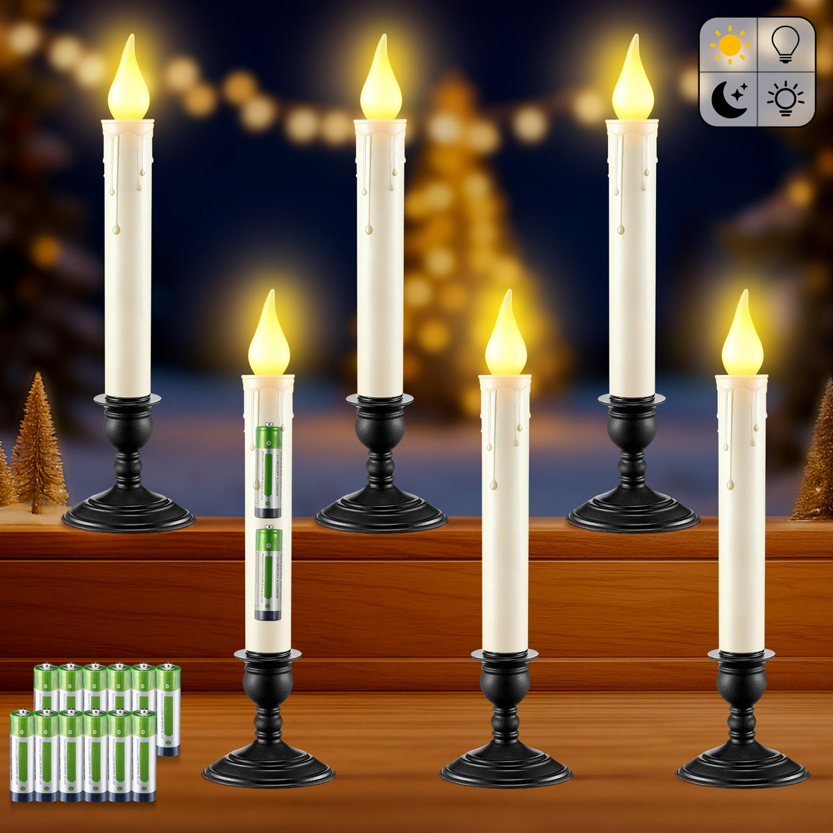 6 Pack Battery Operated Window Candles with Sensor Dusk to Dawn, Ivory Flameless Taper Candlesticks with Removable Black Base & Suction Cups, LED Candlestick for Christmas Decor Home, 12 AA Batteries