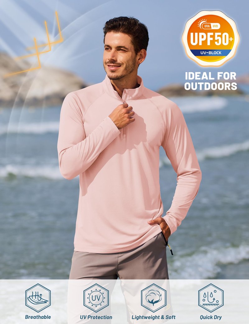 TACVASEN Long Sleeve Shirts Men Athletic Quarter Summer Tops for Sun Protection Men Workout Golf Shirts Running for Rash Guard Light Pink XXL