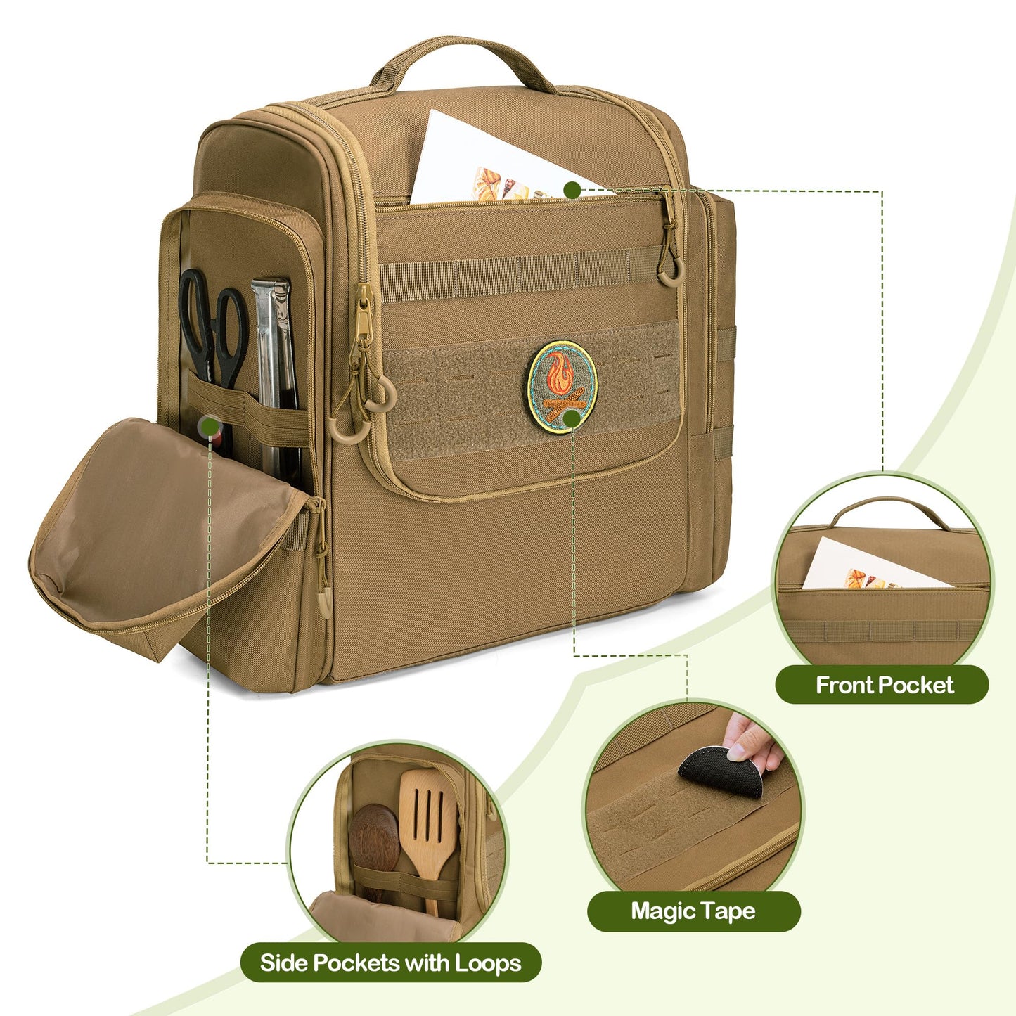 HODRANT Large Tactical Camping Kitchen Organizer, Hanging Cookware Storage Bag with Paper Towel Holder & Multi Pockets, Portable Camp Utensil Organizer for BBQ Cooking Essentials, Khaki, Bag Only