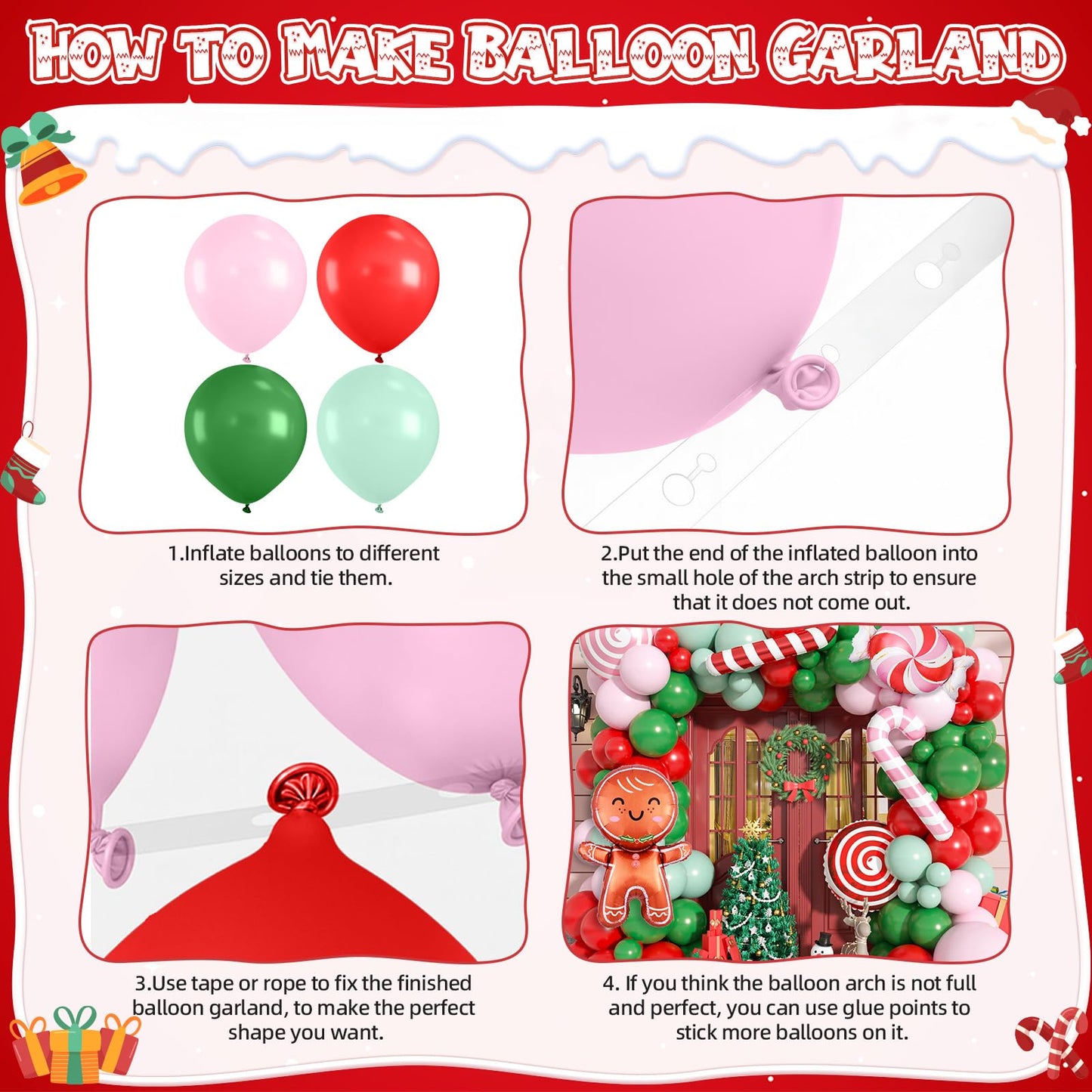 Christmas Balloon Garland Arch Kit, 115 PCS Xmas Balloon Decorations with Pink Red Green Latex Balloons Gingerbread Man Foil Balloons Candy Cane House Helium for Kids Christmas New Year Party Supplies