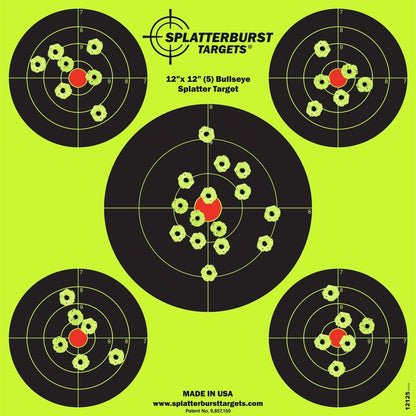 Splatterburst Targets - 12 x12 inch (5) Bullseye Splatter Target - Easily See Your Shots Burst Bright Fluorescent Yellow Upon Impact - Made in USA (10 Pack)