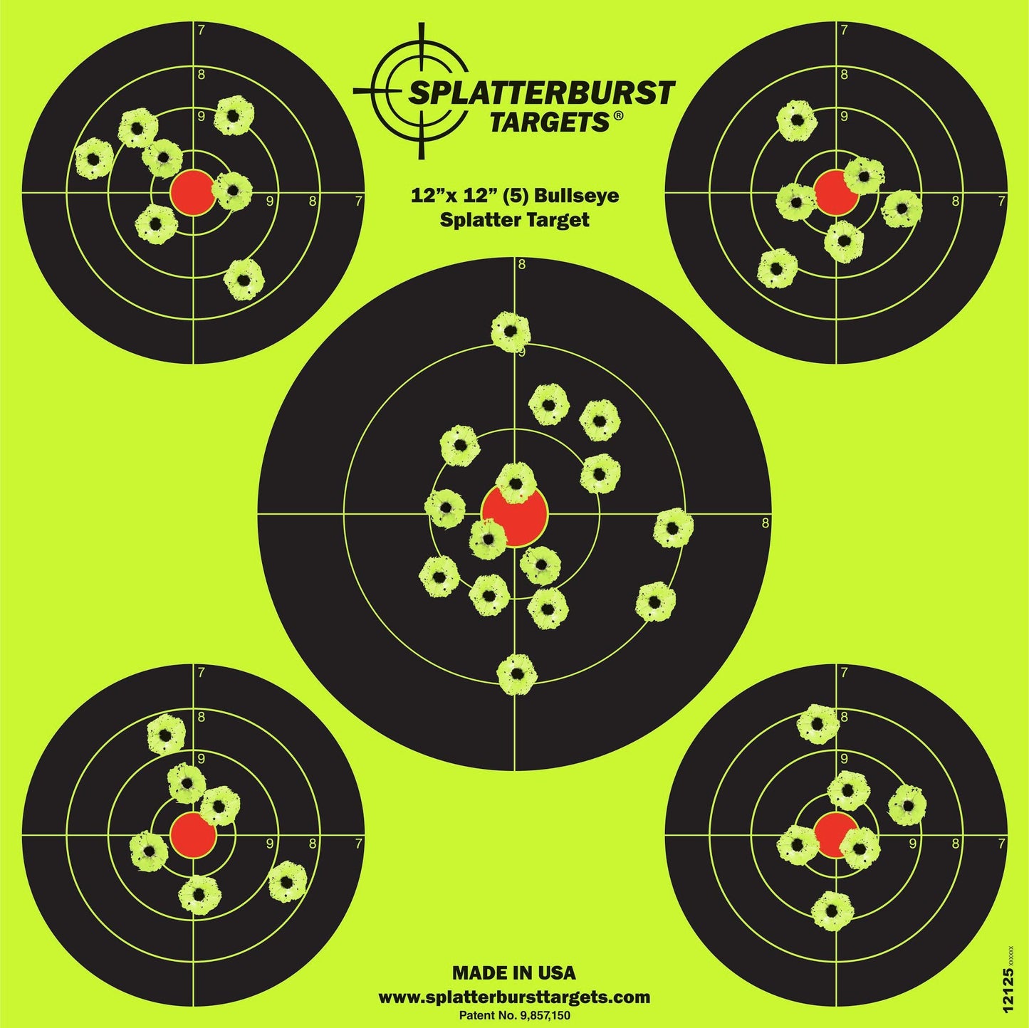 Splatterburst Targets - 12 x12 inch (5) Bullseye Splatter Target - Easily See Your Shots Burst Bright Fluorescent Yellow Upon Impact - Made in USA (10 Pack)
