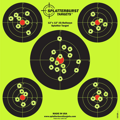 Splatterburst Targets - 12 x12 inch (5) Bullseye Splatter Target - Easily See Your Shots Burst Bright Fluorescent Yellow Upon Impact - Made in USA (10 Pack)