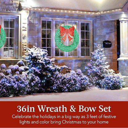 Best Choice Products 36in Pre-Lit Outdoor Christmas Wreath Decoration, LED Metal Holiday Decor for Home w/ 120 Lights, Bow - Green/Red