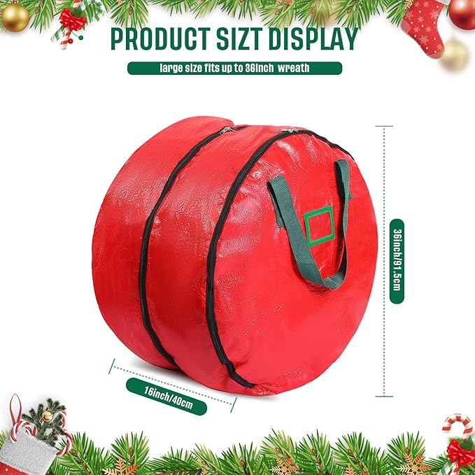 Double Layer Christmas Wreath Storage Container Bag Wreath Storage Pure Color Seasonal Garland Holiday Container Festive Box with Dual Zippers and Handles for Xmas(36 Inch,Red)