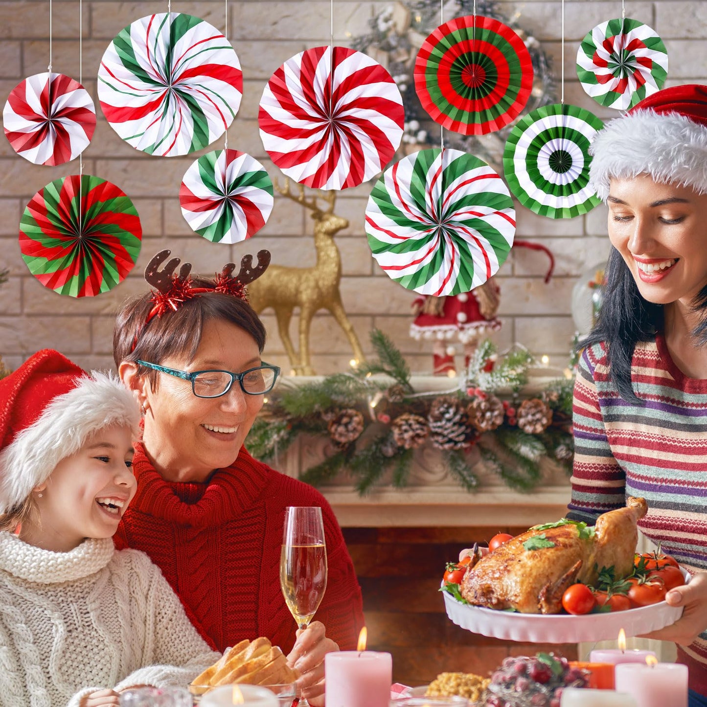 Outus 27 Pcs Christmas Hanging Decorations Candy Paper Fans Peppermint Hanging Paper Fans Candy Cane Ceiling Wall Decor for Christmas Party Classroom Birthday Party (Fresh)