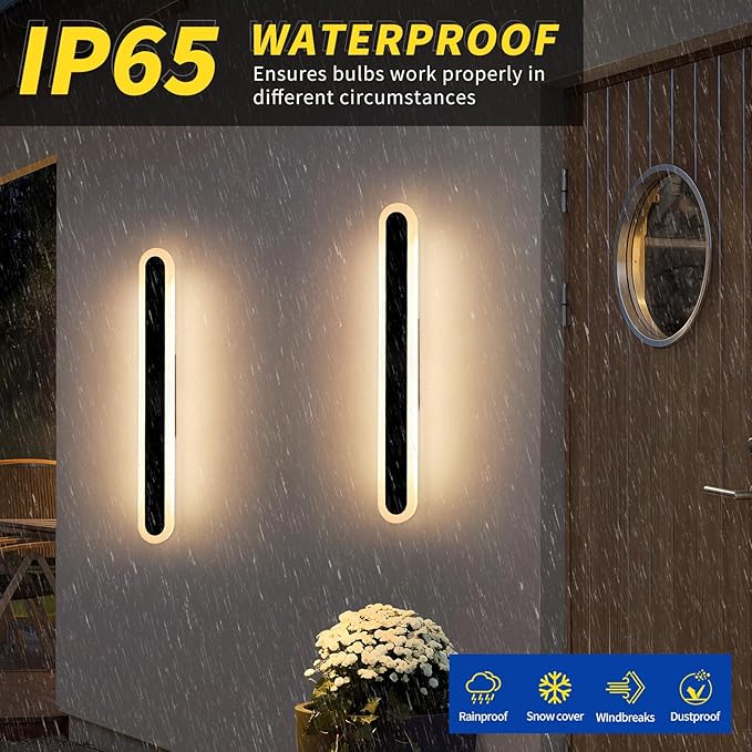 2 Pack Outdoor Wall Mounted Light, 23.6inch Modern Long Oval Exterior Sconce, 3000K-6000K Dimmable, IP65 Waterproof Strip Porch Lighting for Patio, Yard, Garage, House with Remote Control
