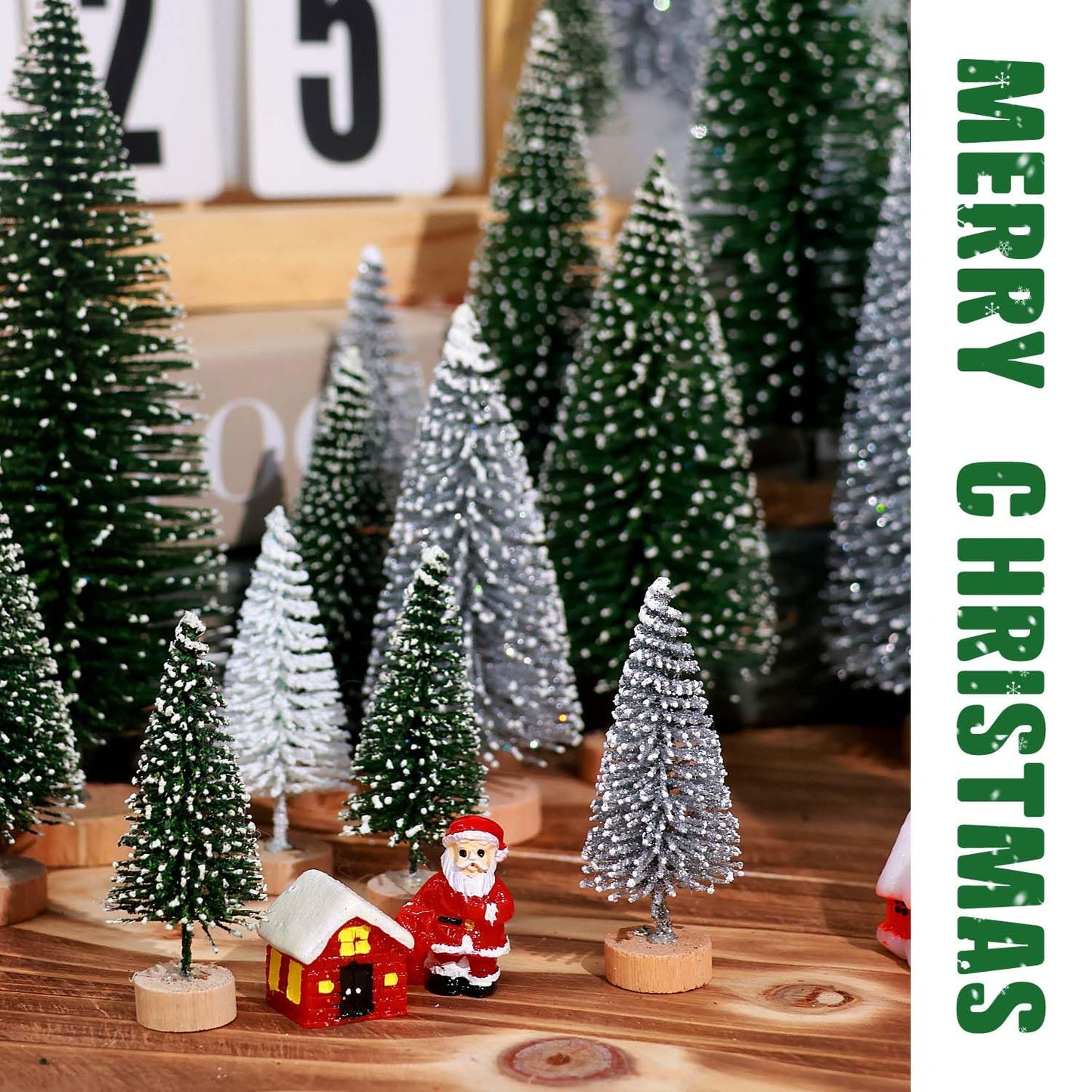 30Pcs Mini Christmas Trees Artificial Christmas Tree Bottle Brush Trees with Wooden Base for Christmas Decor Party Home Table Craft Decorations(Green+Silver+White)