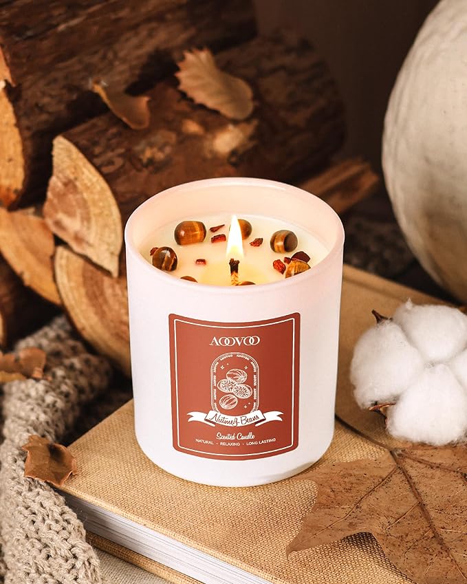 AOOVOO Nutmeg Beans Scented Candles for Women - Aromatherapy Candle with Crystals Inside, 10oz Soy Candles for Home Scented, Birthday Gifts Christmas Candle for Women Mom