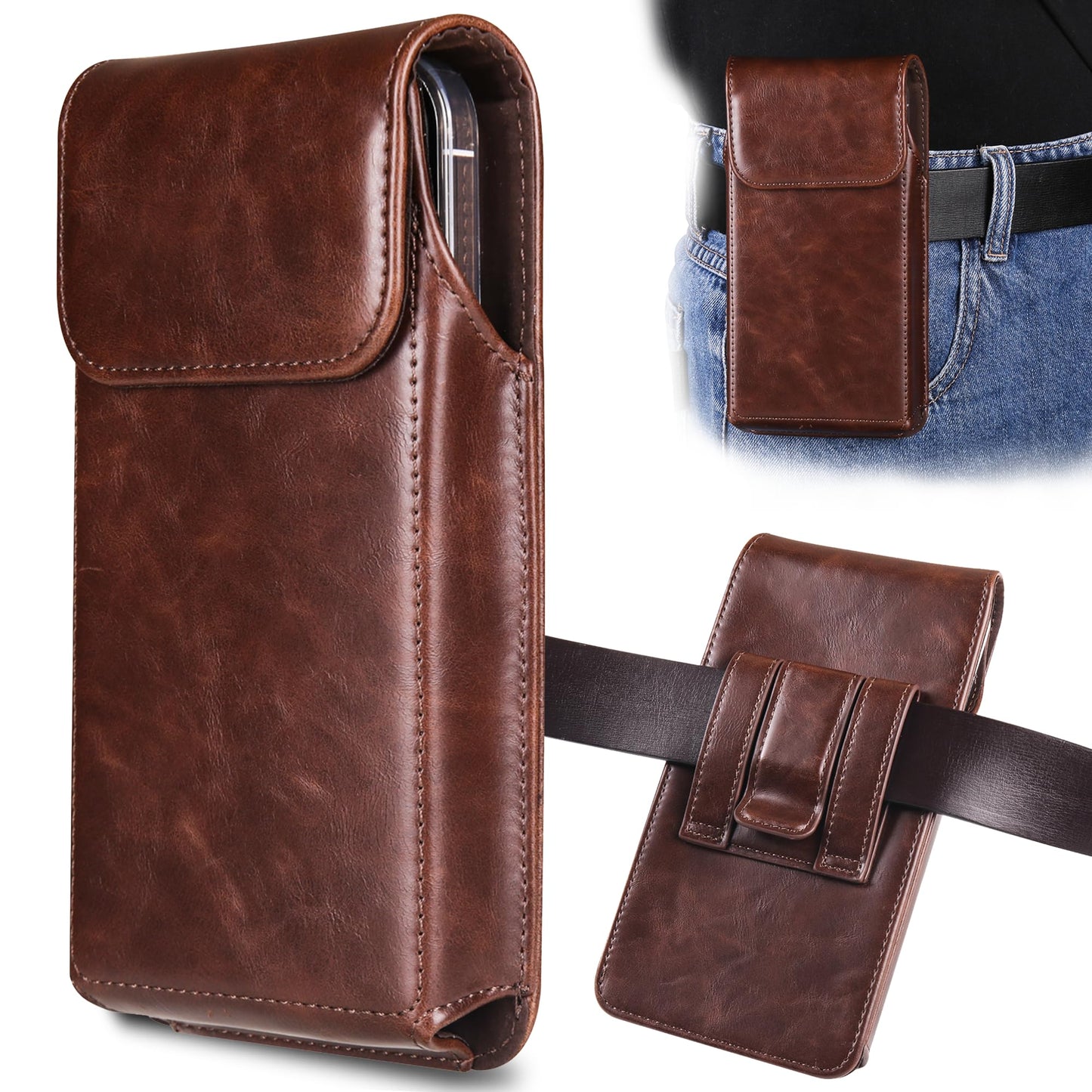 INGIDO Holster for Galaxy S25 Ultra S24 Ultra S23 Ultra 5G Note 20 Ultra 5G Note 10+ Plus 5G, Premium Leather Pouch with Belt Clip Phone Holster Belt Case, Coffee -XL